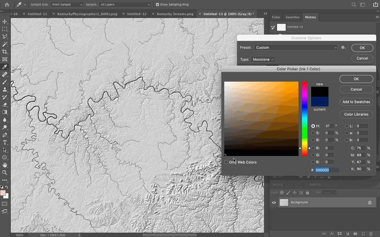 Converting grayscale mode to duotone mode in Photoshop